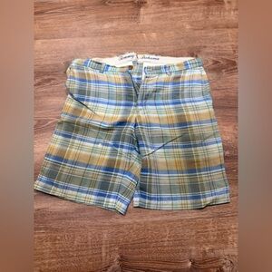 Tommy Bahama Plaid Linen, Flat Front Shorts in Blue, Olive & Tan